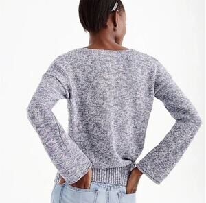 J Crew Blue Purple Marled Knit Flare Sleeve V-Neck Cotton Blend Sweater Size L